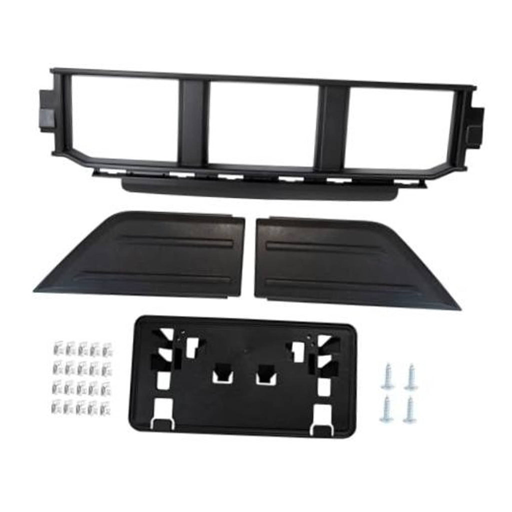 Front bumper grille kit with black grille frame, guard pads, license plate bracket, screws