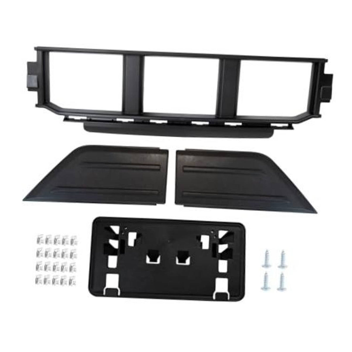 Front bumper grille kit with black grille frame, guard pads, license plate bracket, screws