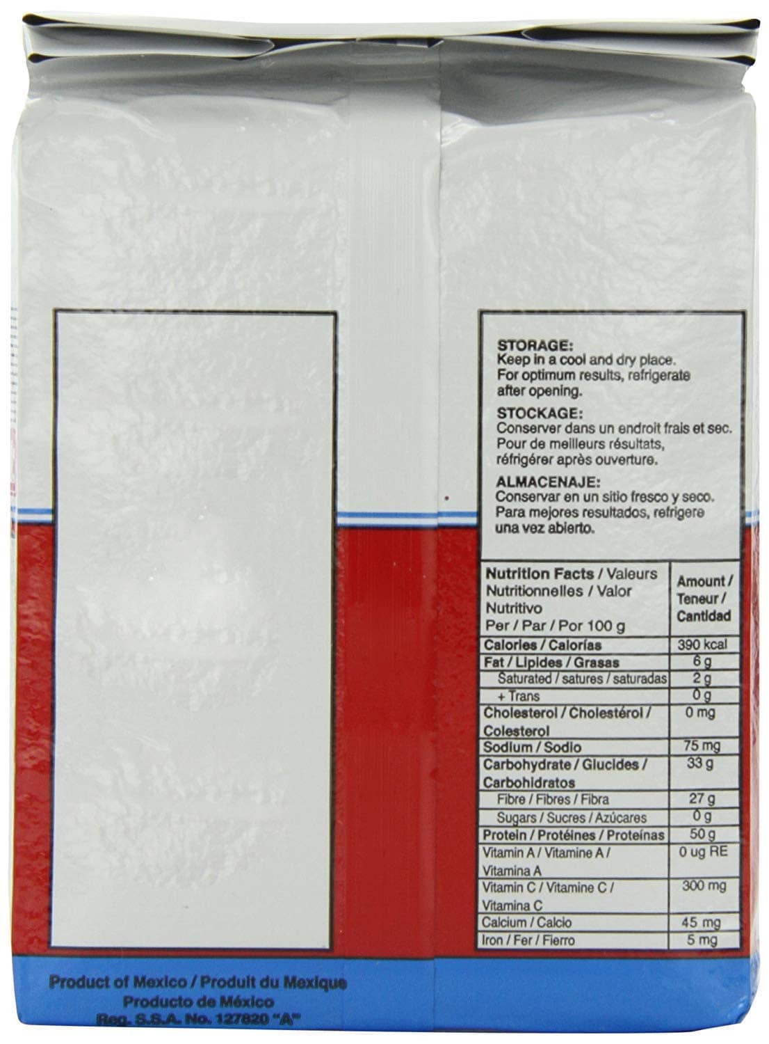 Instant yeast pouch back label with storage and nutrition facts panel.