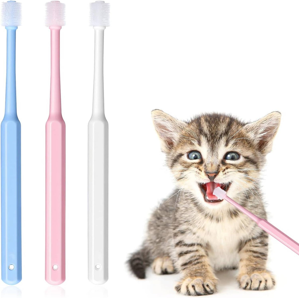 Three small pet silicone toothbrushes with blue, pink, and white handles