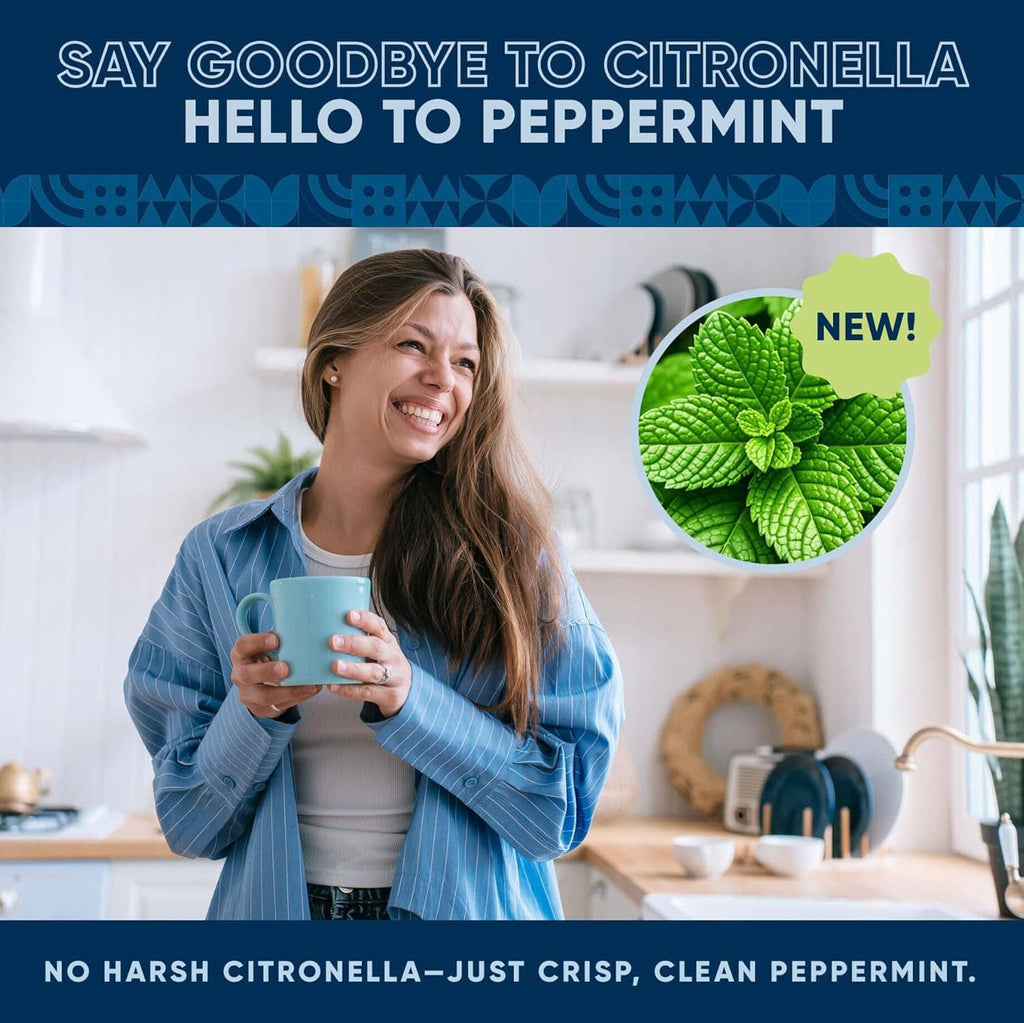 Peppermint scent infographic with mint leaves and “Say goodbye to citronella”