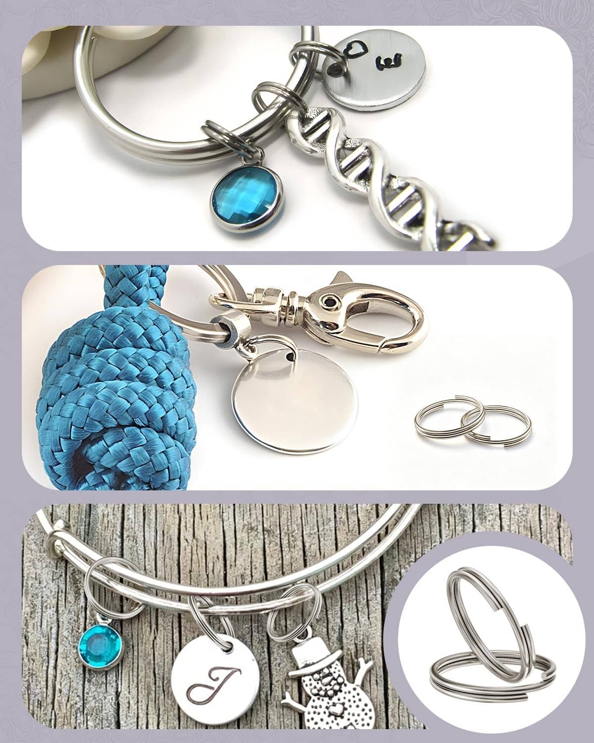 Silver split jump rings holding keychains and small charm dangles