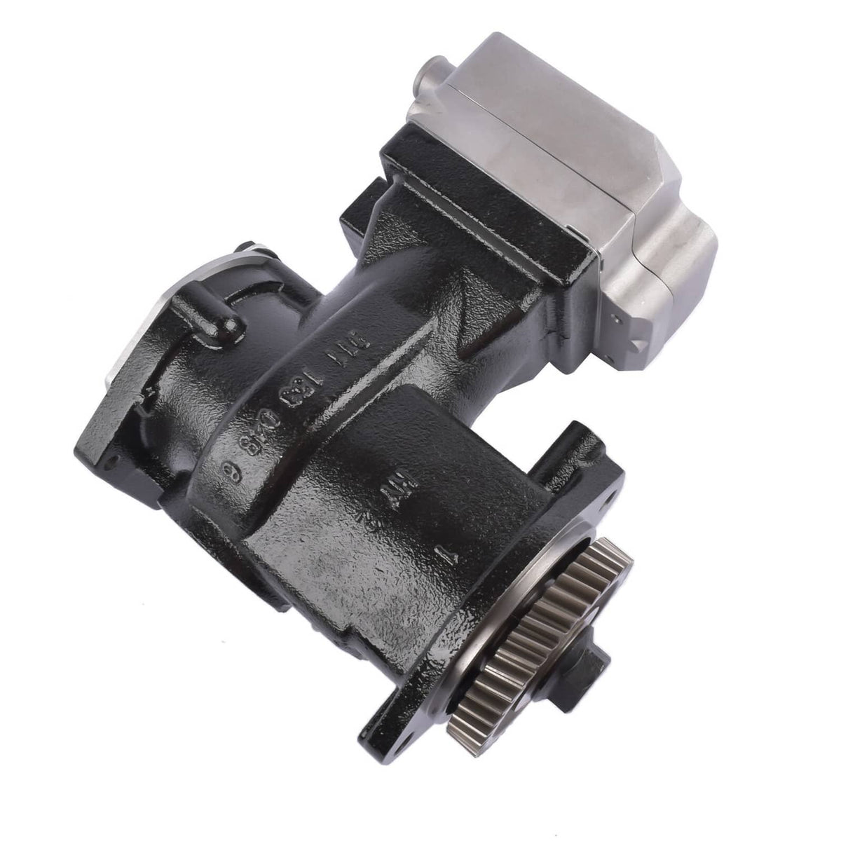 Air compressor assembly with black cast body and silver mounting section