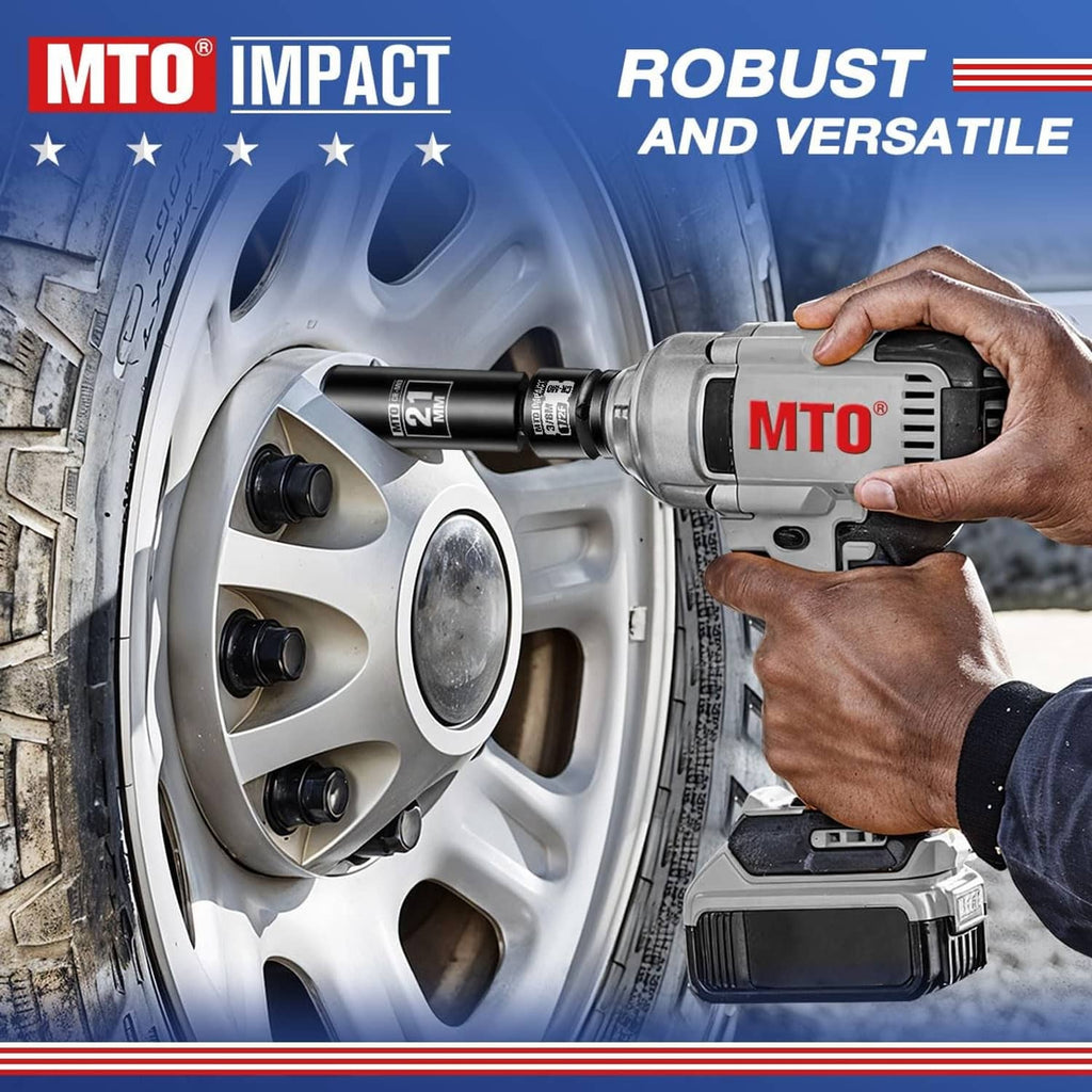 Black impact socket adapter fitted on an impact wrench during use