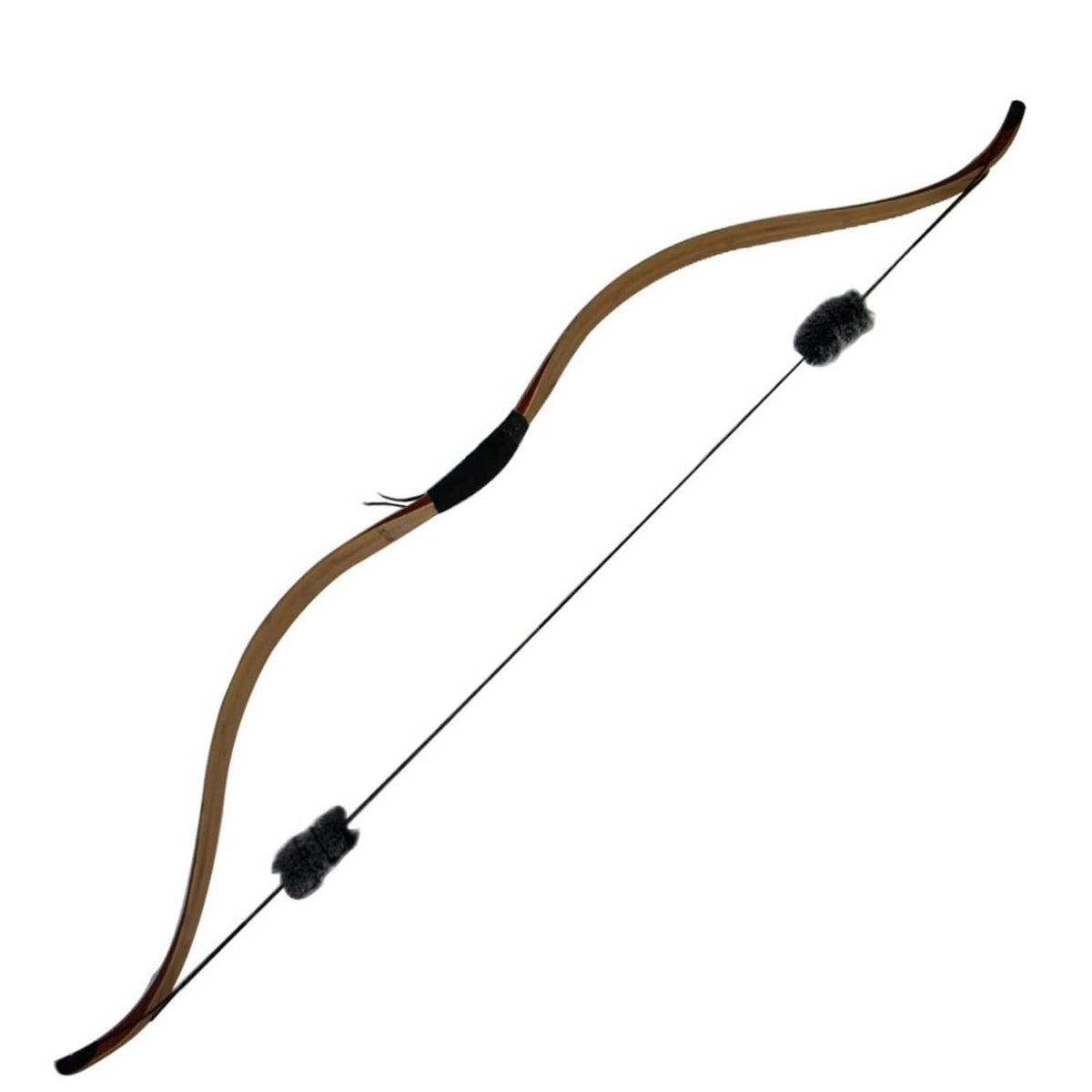 Bowstring with two small dark fur vibration dampeners attached