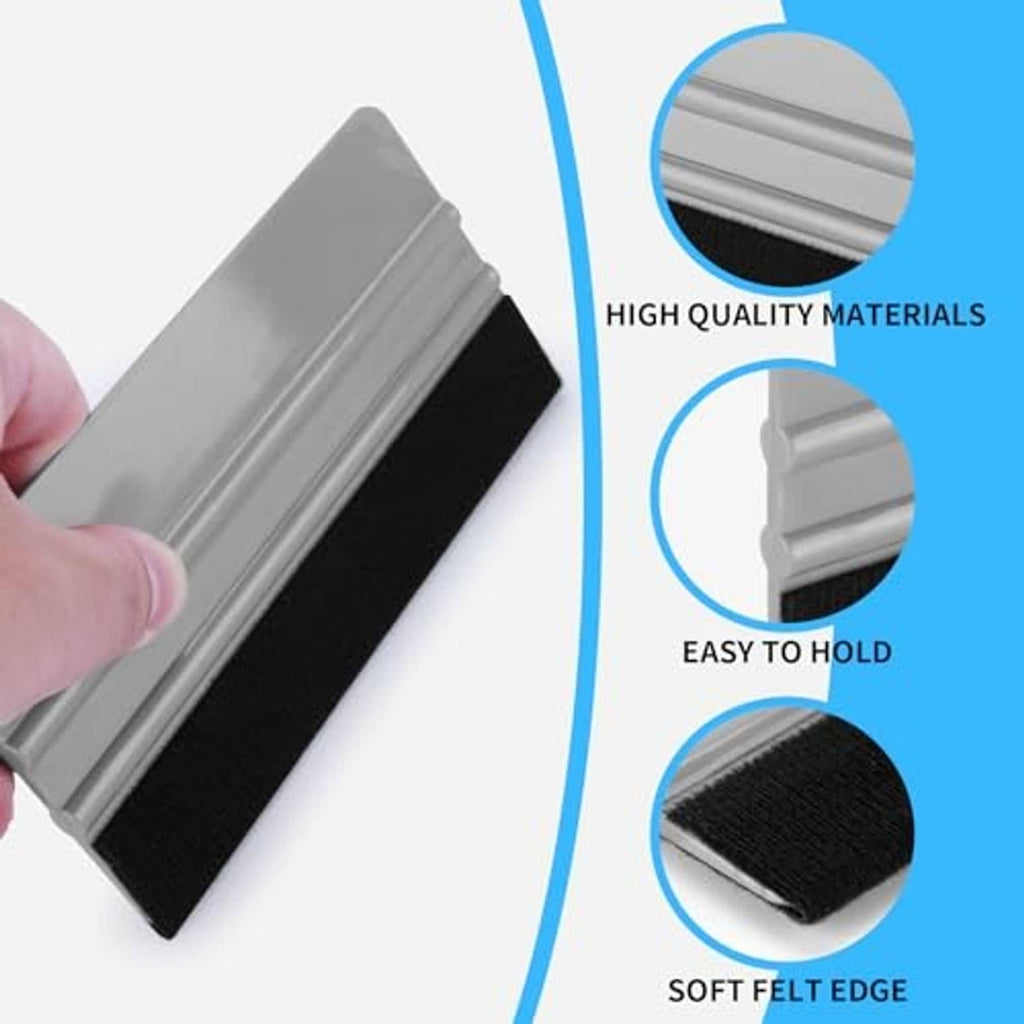 Handheld felt-edge squeegee tool, gray grip with black soft felt pad