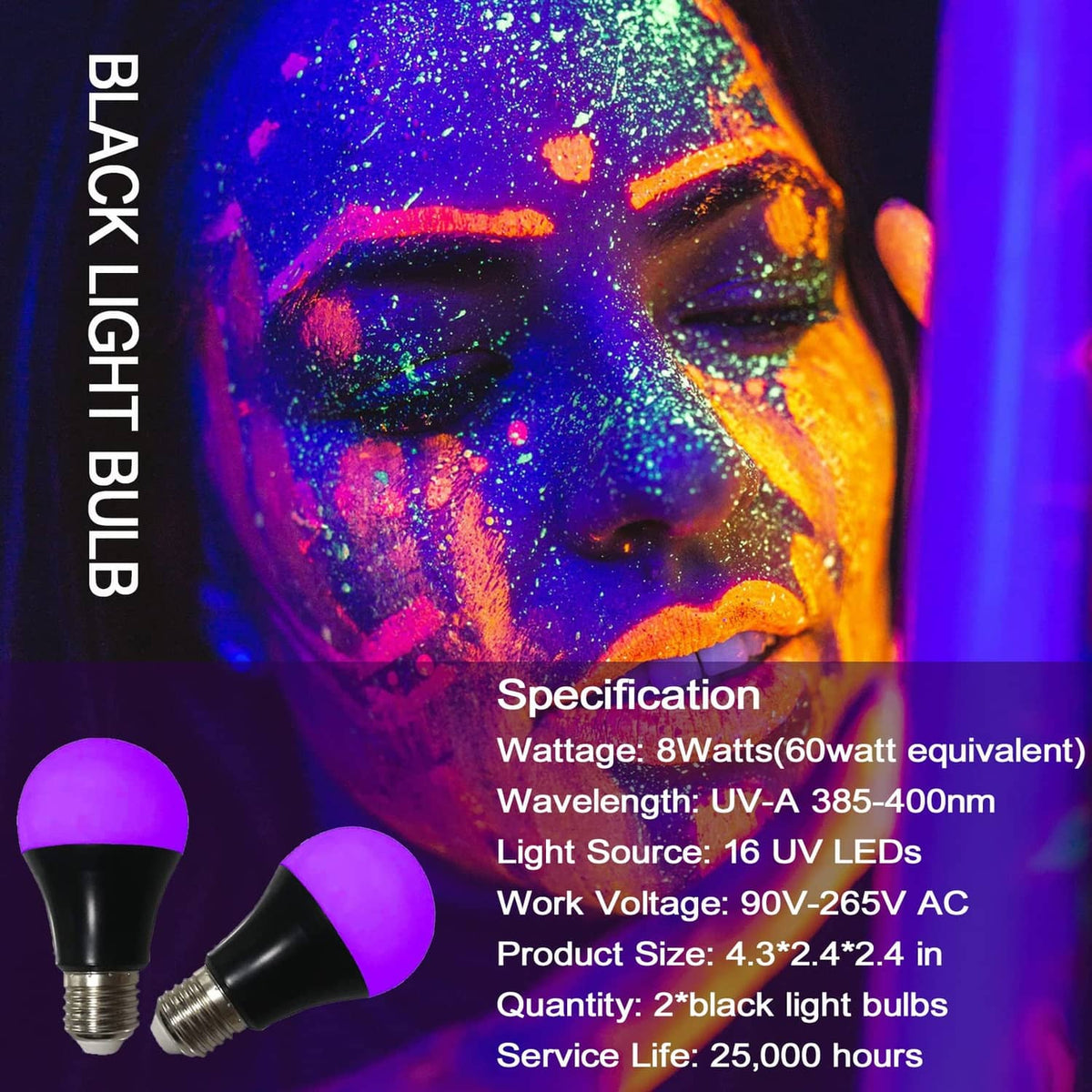 Two A19 E26 UV LED blacklight bulbs, purple glow visible on bulb tops
