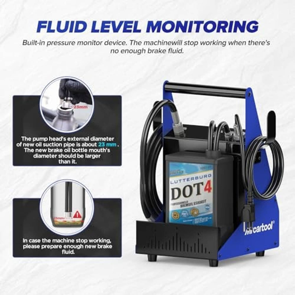 Electric brake fluid bleeder with built-in fluid level monitoring and pump connection