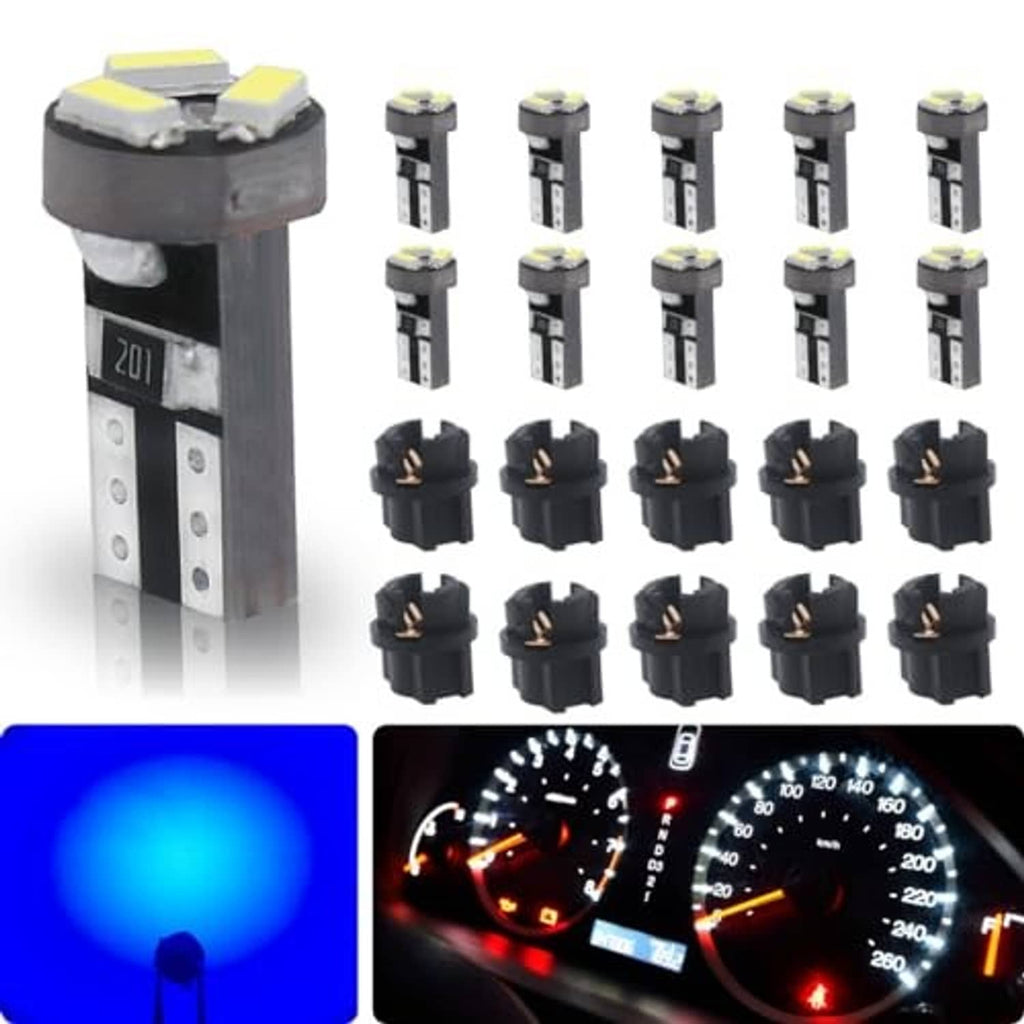 Blue T5 LED bulb set with wedge bases, with blue-lit test and instrument gauges