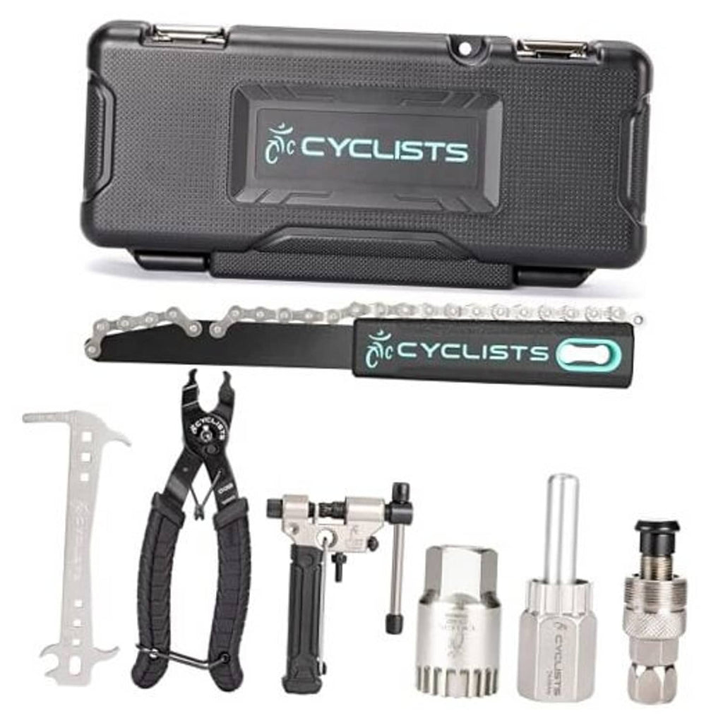 Black bike tool kit case with chain and maintenance tools