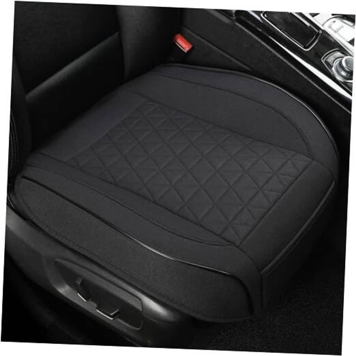 Black front car seat cover with triangular quilt pattern and contoured padded shape.