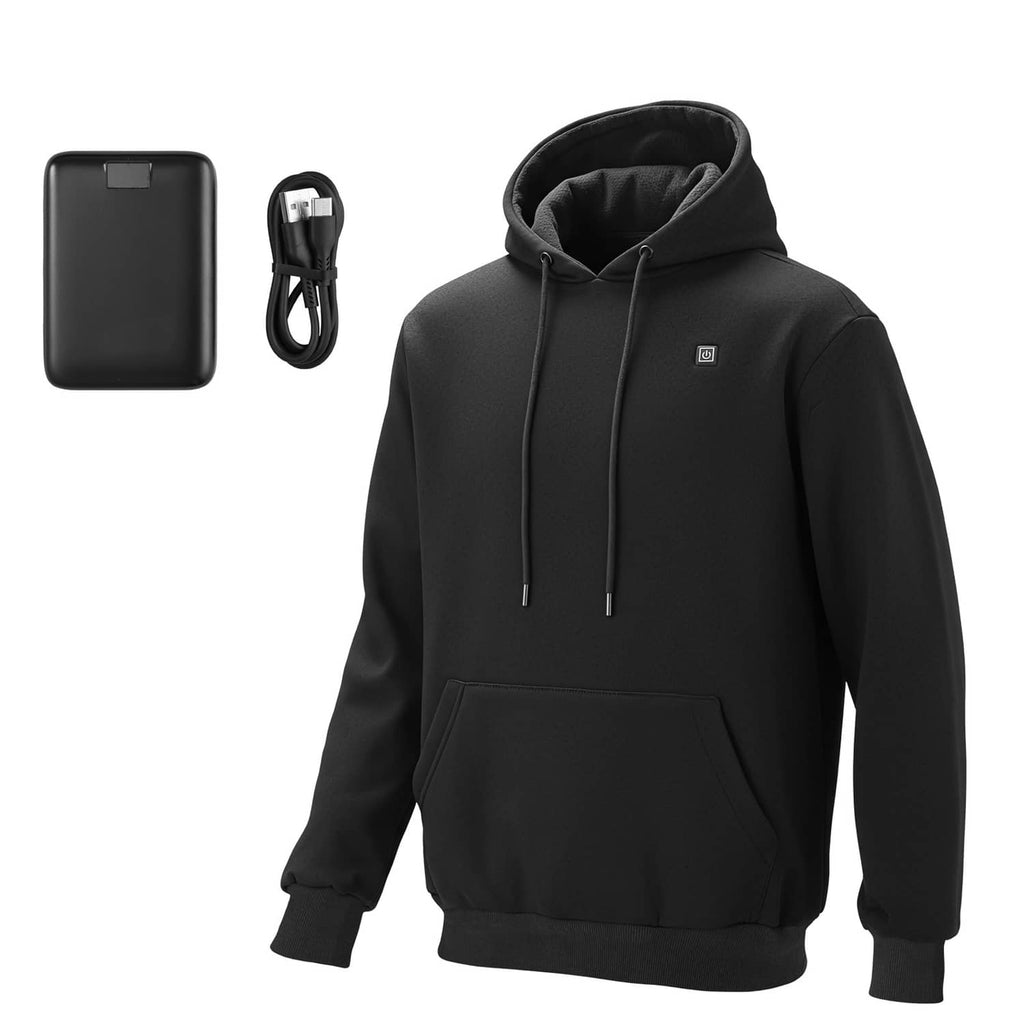 Black heated hoodie with front kangaroo pocket, drawstring hood, and included power cable