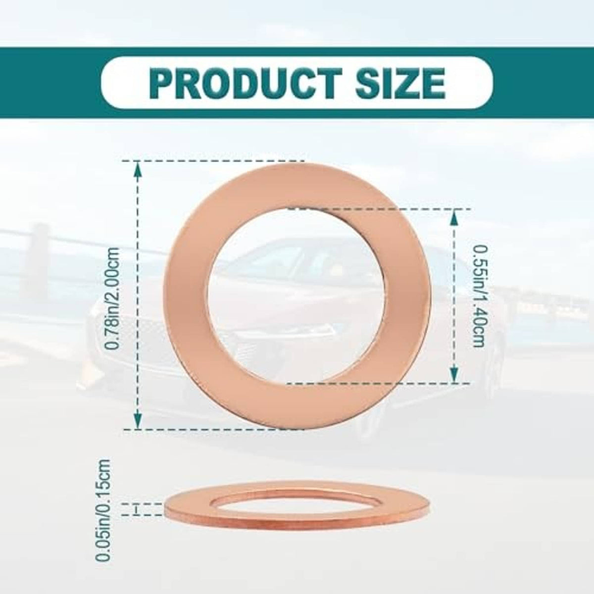 Copper oil drain plug gasket washer with center hole, shown with size diagram