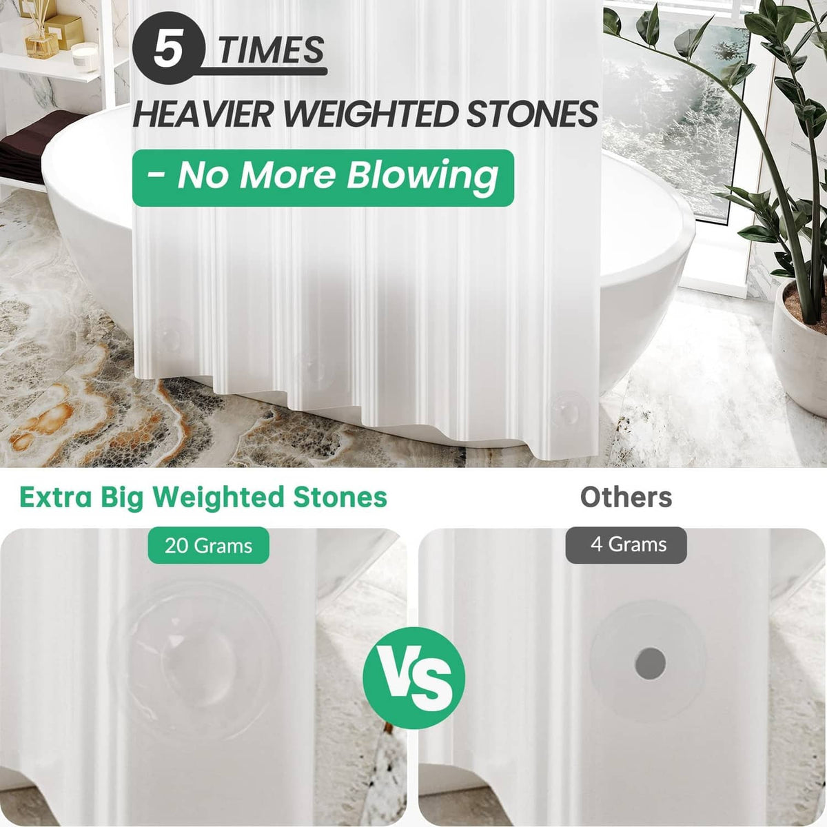 Frosted white shower curtain liner with draped bottom hem in a bathtub setup