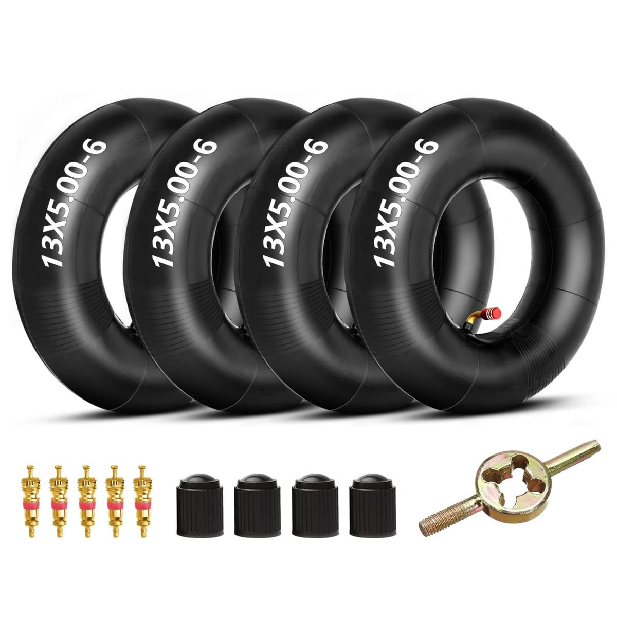 Set of four black inner tubes with red bent valve stem, 13x5.00-6 size.