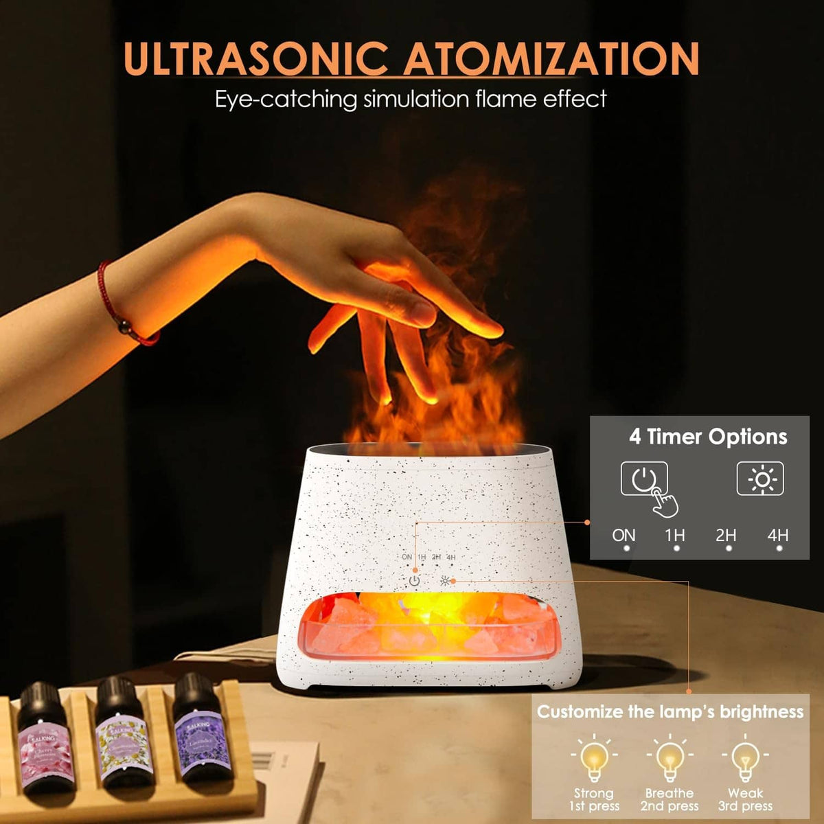 Off-white speckled salt lamp diffuser with pink salt rocks and warm flame-like glow