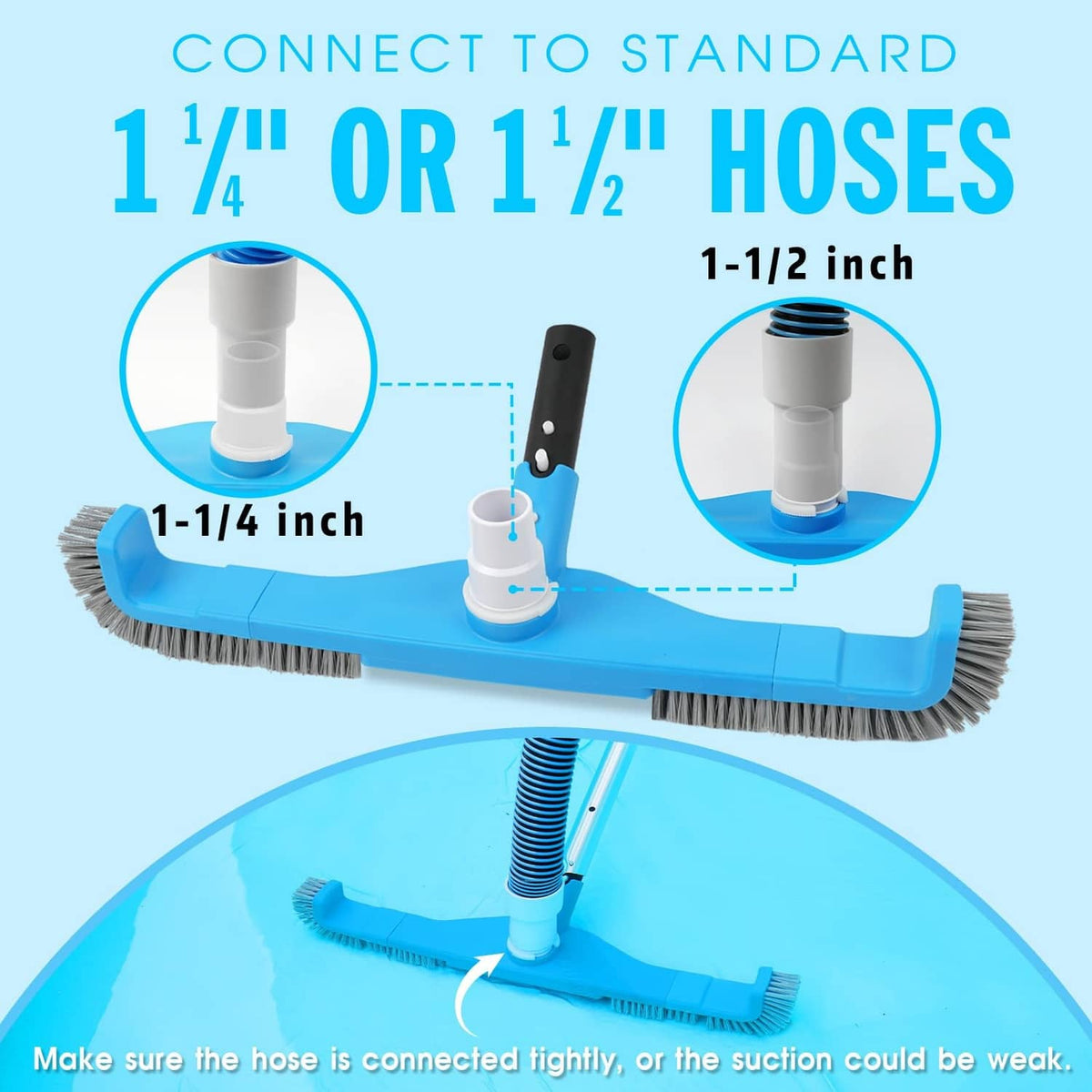 Blue pool brush vacuum head with adjustable hose connector for 1-1/4 in