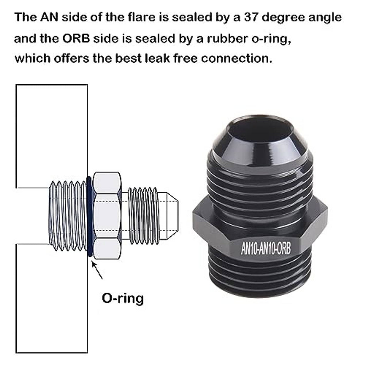 AN10-AN10 ORB male O-ring boss fuel rail adapter with rubber O-ring seal