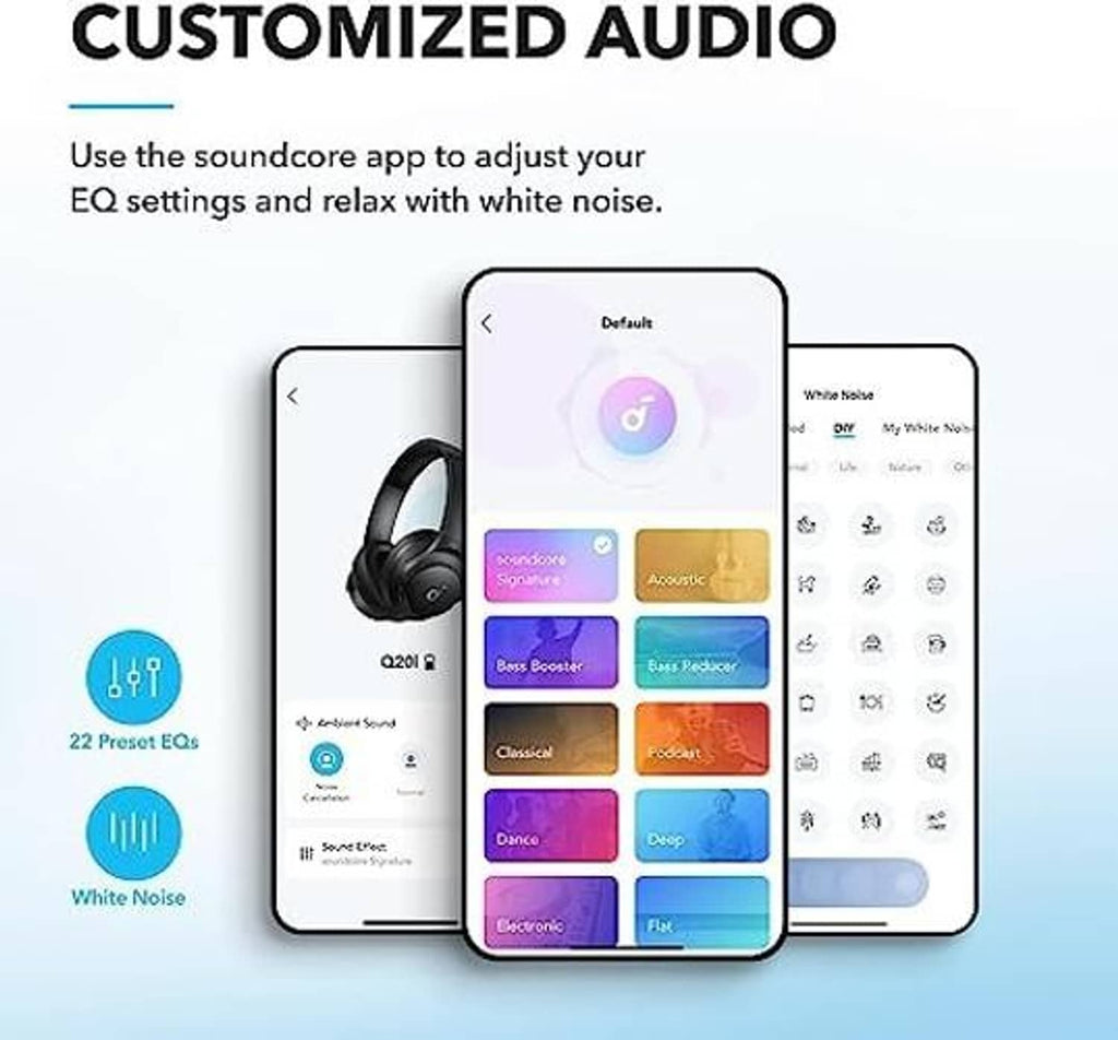 Black over-ear headphones shown with mobile app screens for audio settings