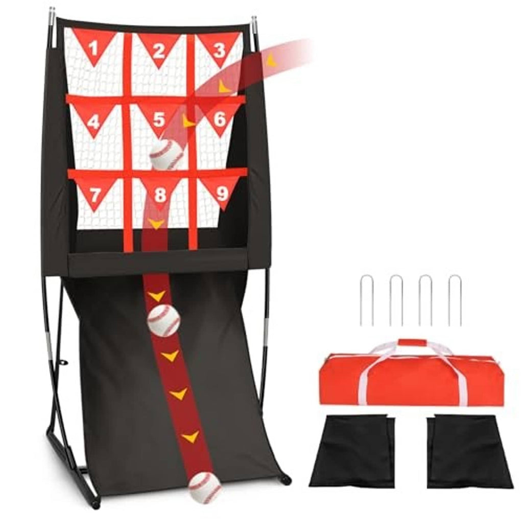 Black pitching net with red grid target pockets, stand base, and practice ball return