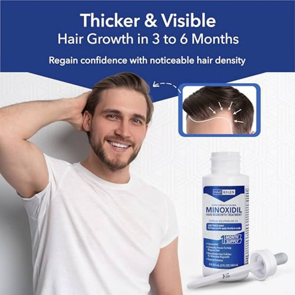 Minoxidil 5% topical solution bottle with dropper, for thicker visible hair growth
