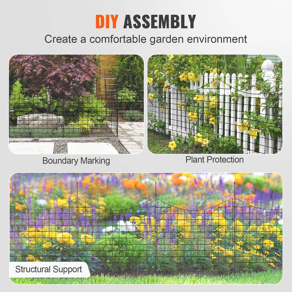 Black garden fence panels for plant protection and boundary marking, grid mesh view