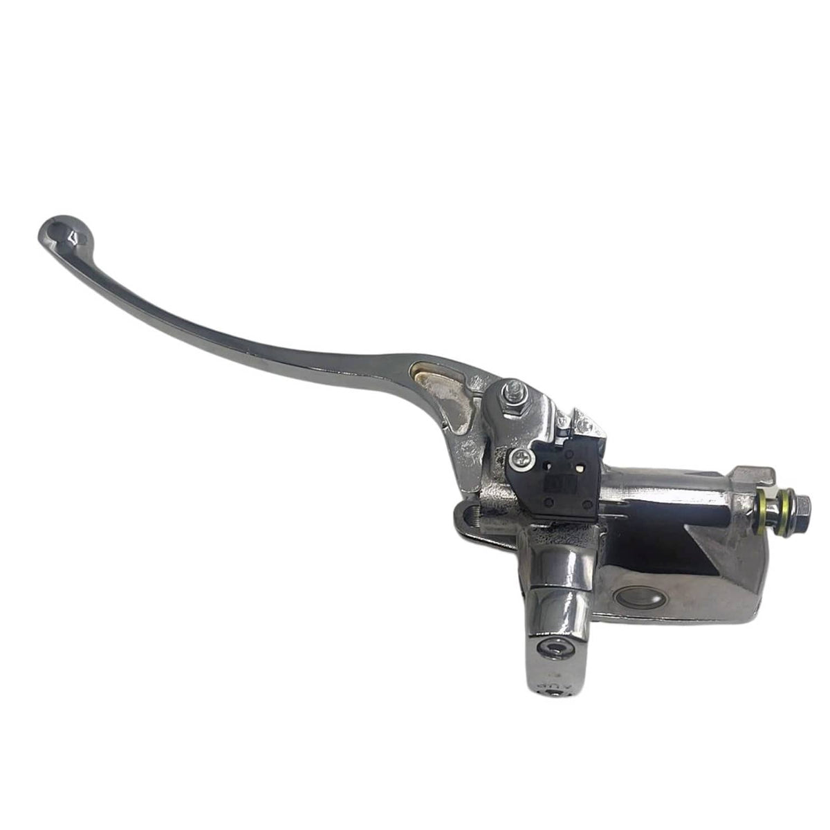 Chrome brake master cylinder with curved lever and brake fluid outlet fitting