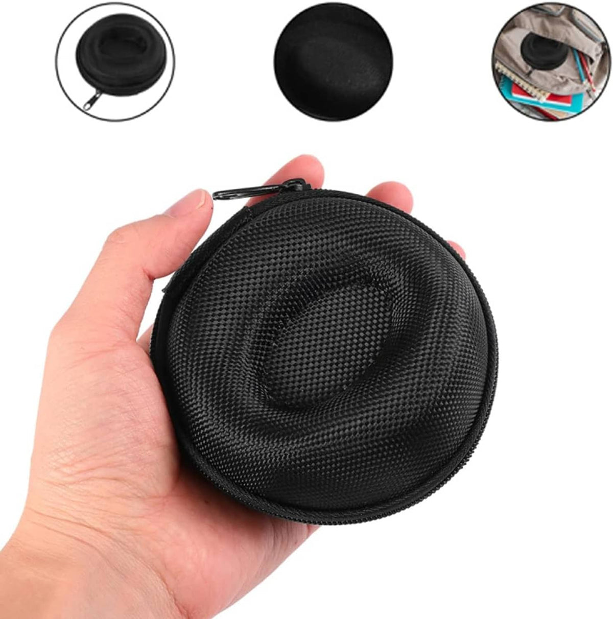 Black round watch travel case with zip top, shown in hand; textured exterior