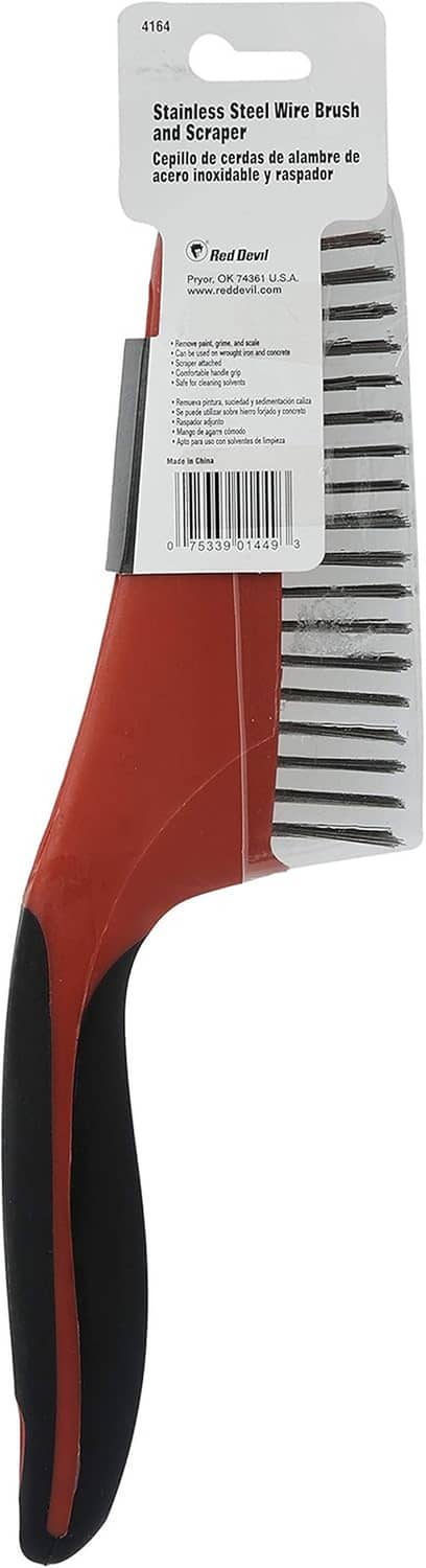 Stainless wire brush with red handle and black grip, barcode blister packaging