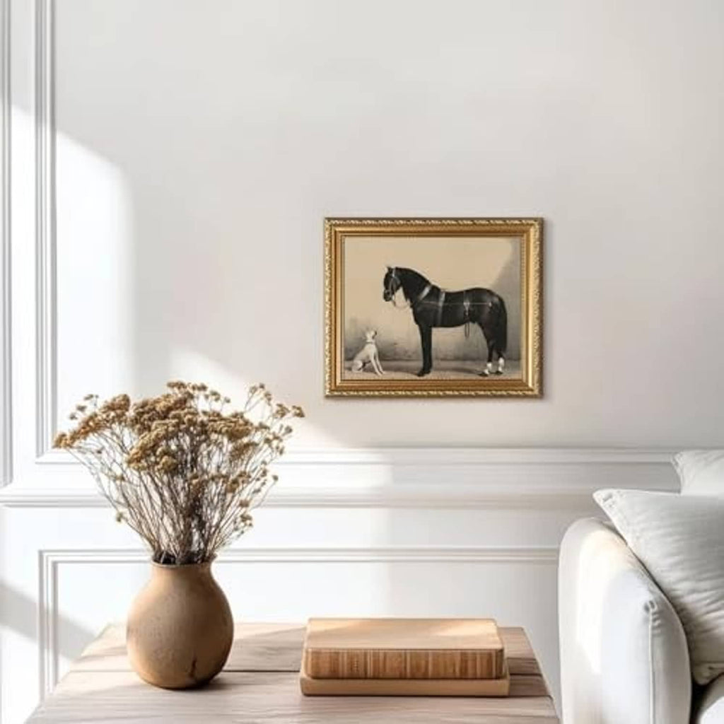 Bronze gold vintage 8x10 picture frame displayed on a wall with small pet artwork