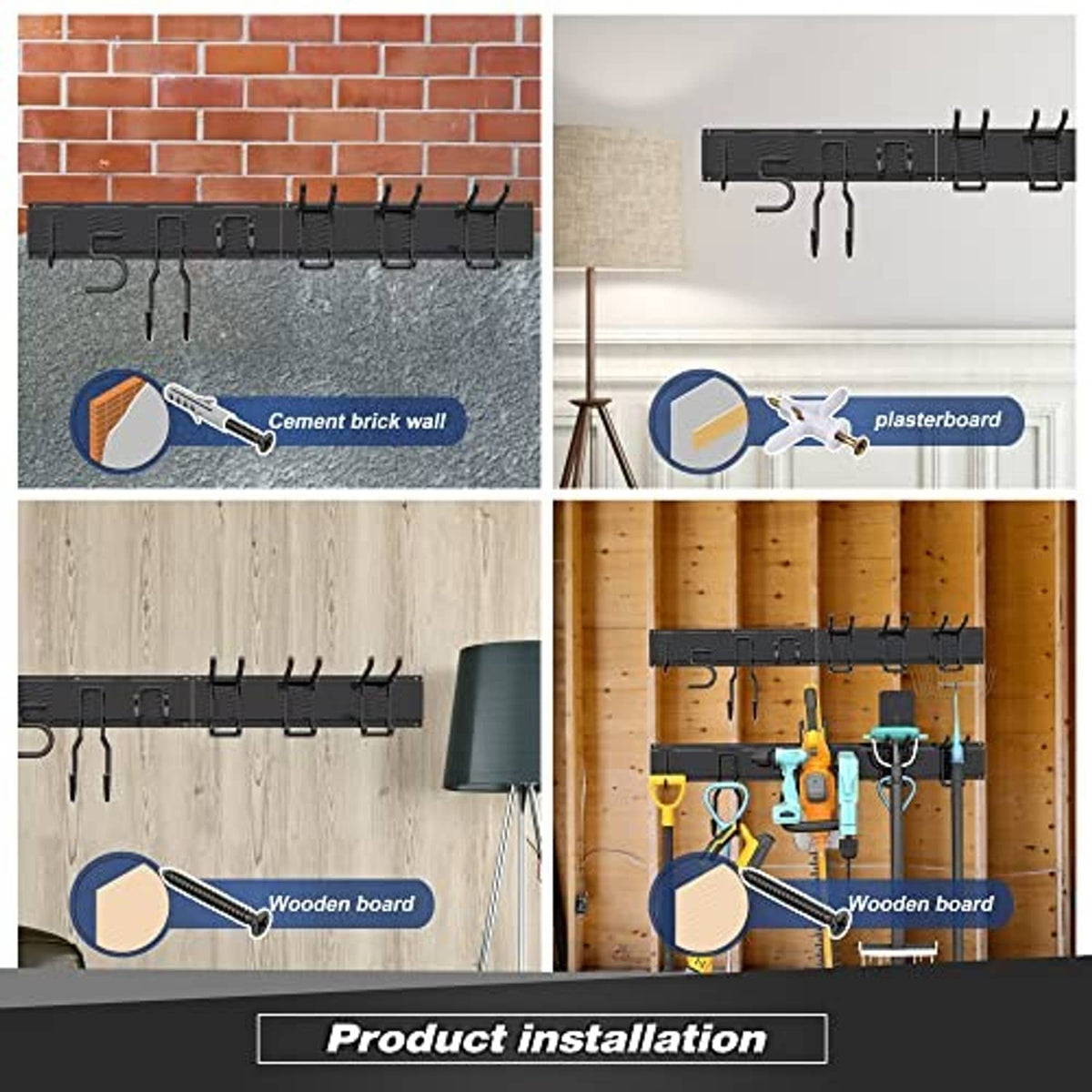 Tool hook rack mounted on different wall surfaces with black multi-hook rail
