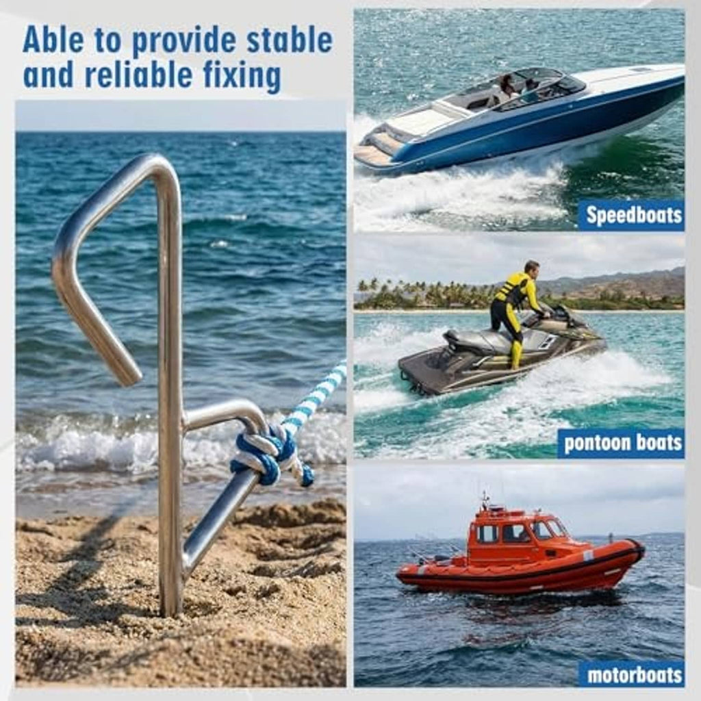 Chrome sand spike anchor with chain and blue rope, upright in beach sand