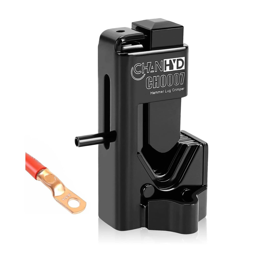 Black hammer lug crimping tool with battery cable lug and extended handle