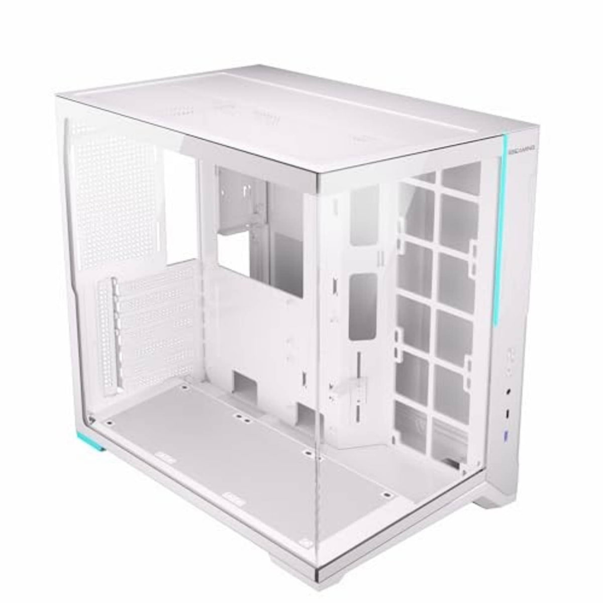 White mid-tower PC case interior frame with front and side mesh panels