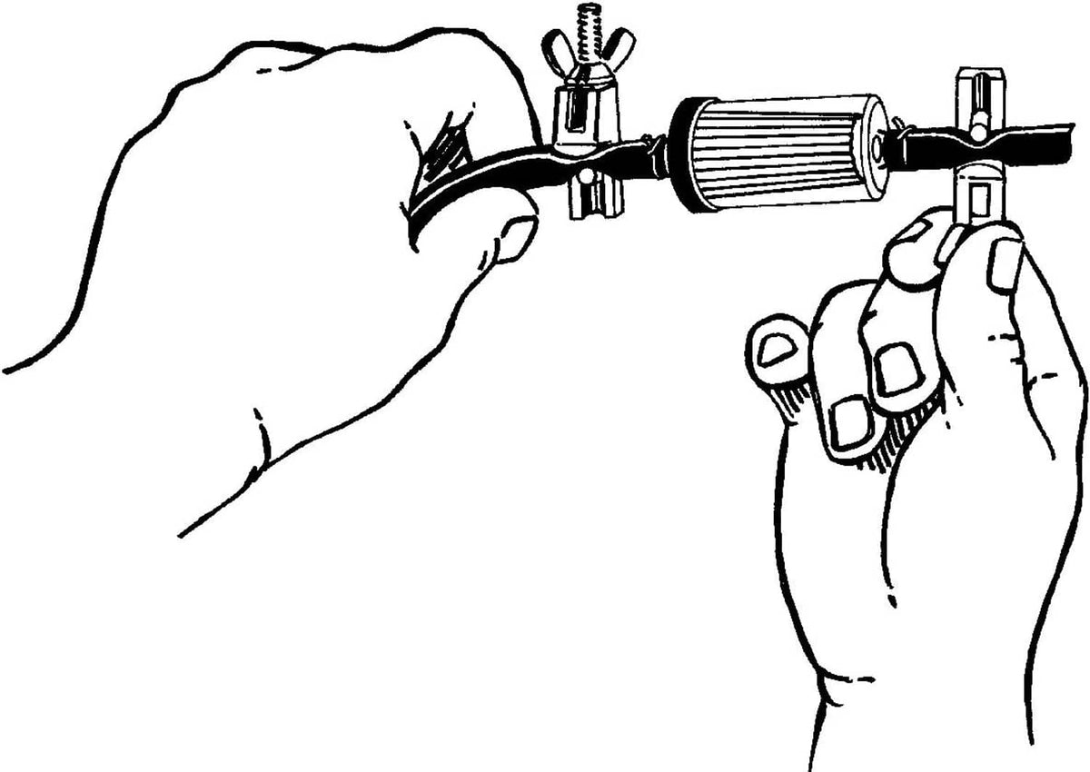 Hose pincher clamp used to secure a hose between gray arms with a bolt