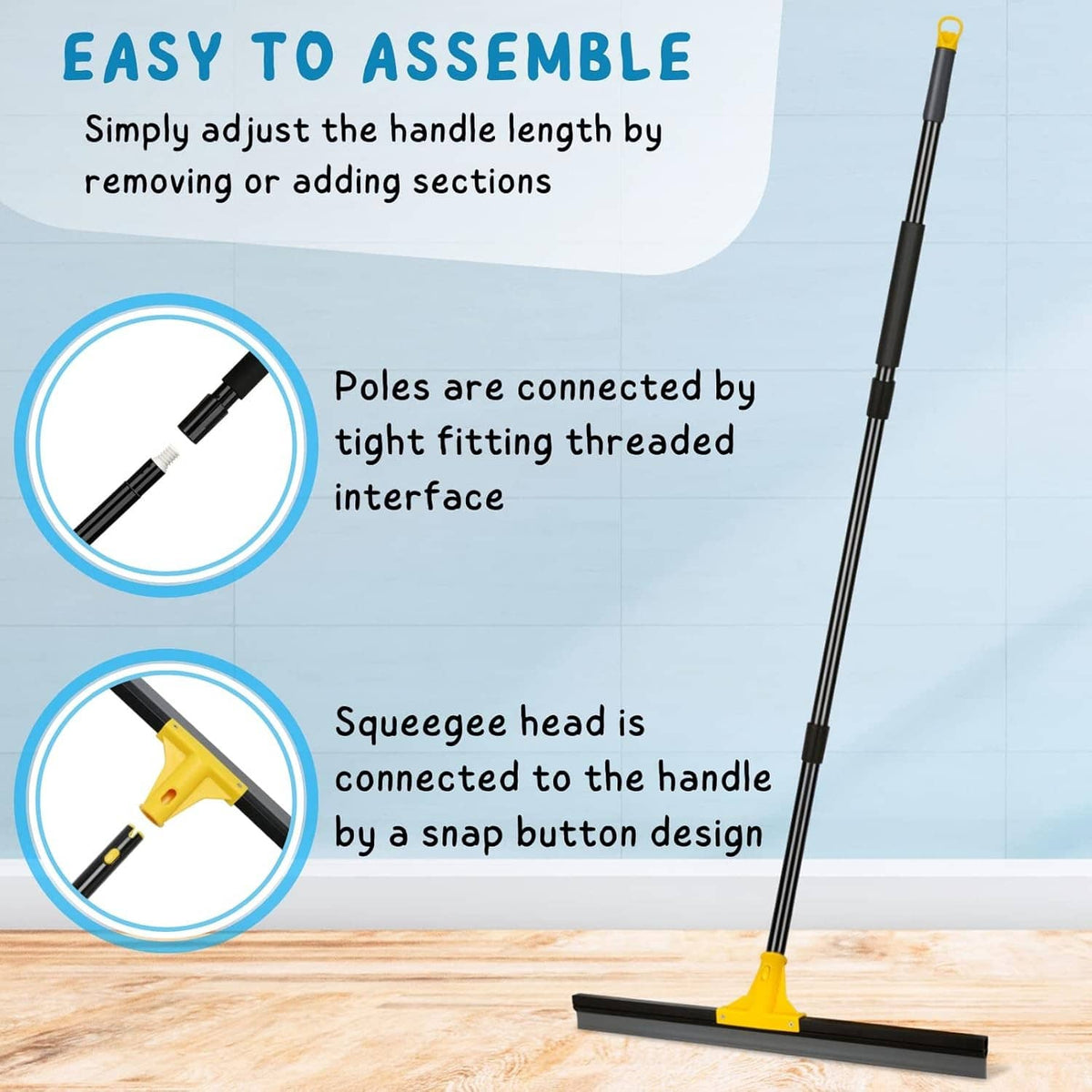 Floor squeegee with extendable poles and snap-on head