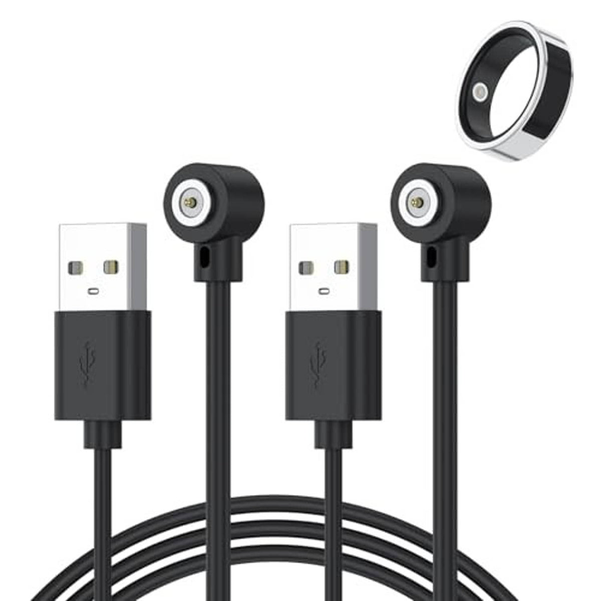 Set of black USB-A cable and magnetic ring charging connectors with two ports