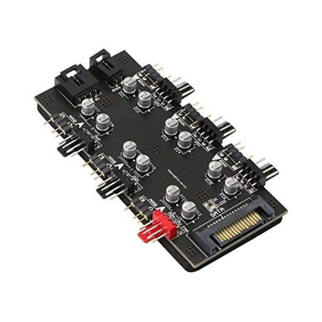 6-way ARGB and PWM fan hub controller PCB with SATA 15-pin power connector