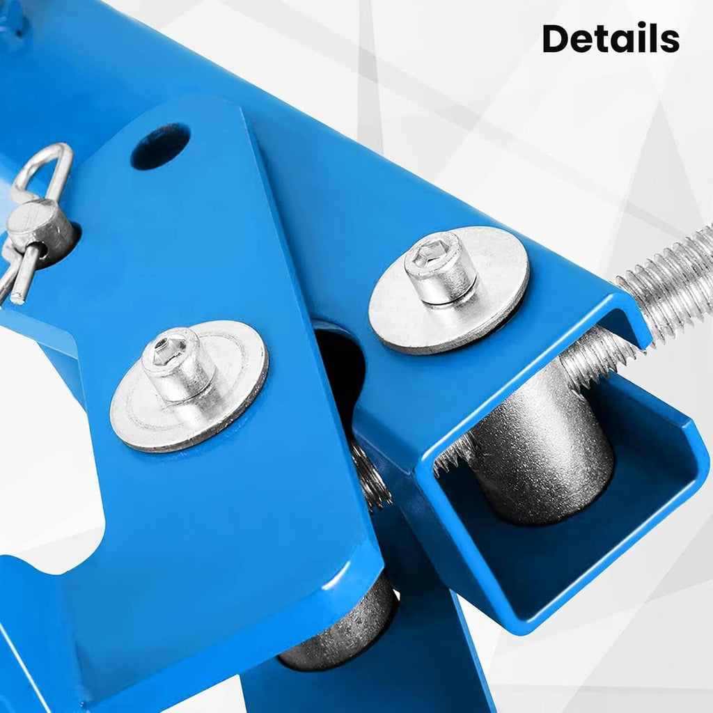 Wheel arch roller tool detail: blue bracket with bolts and black/gray roller arm