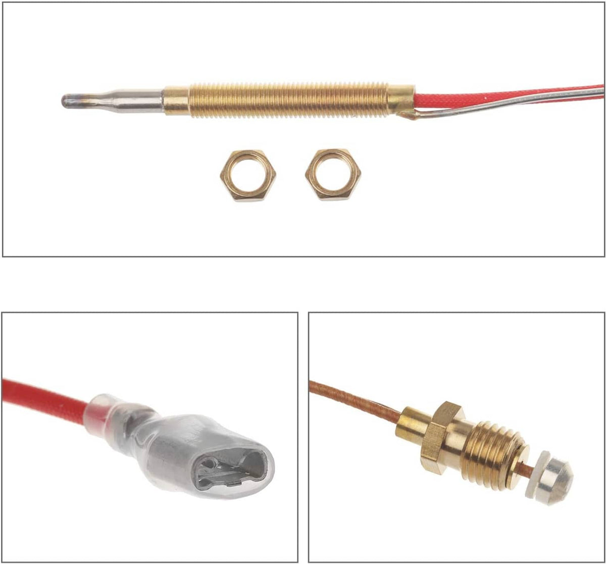Brass thermocouple sensor with two hex nuts and red wire, gray lead insulation ends