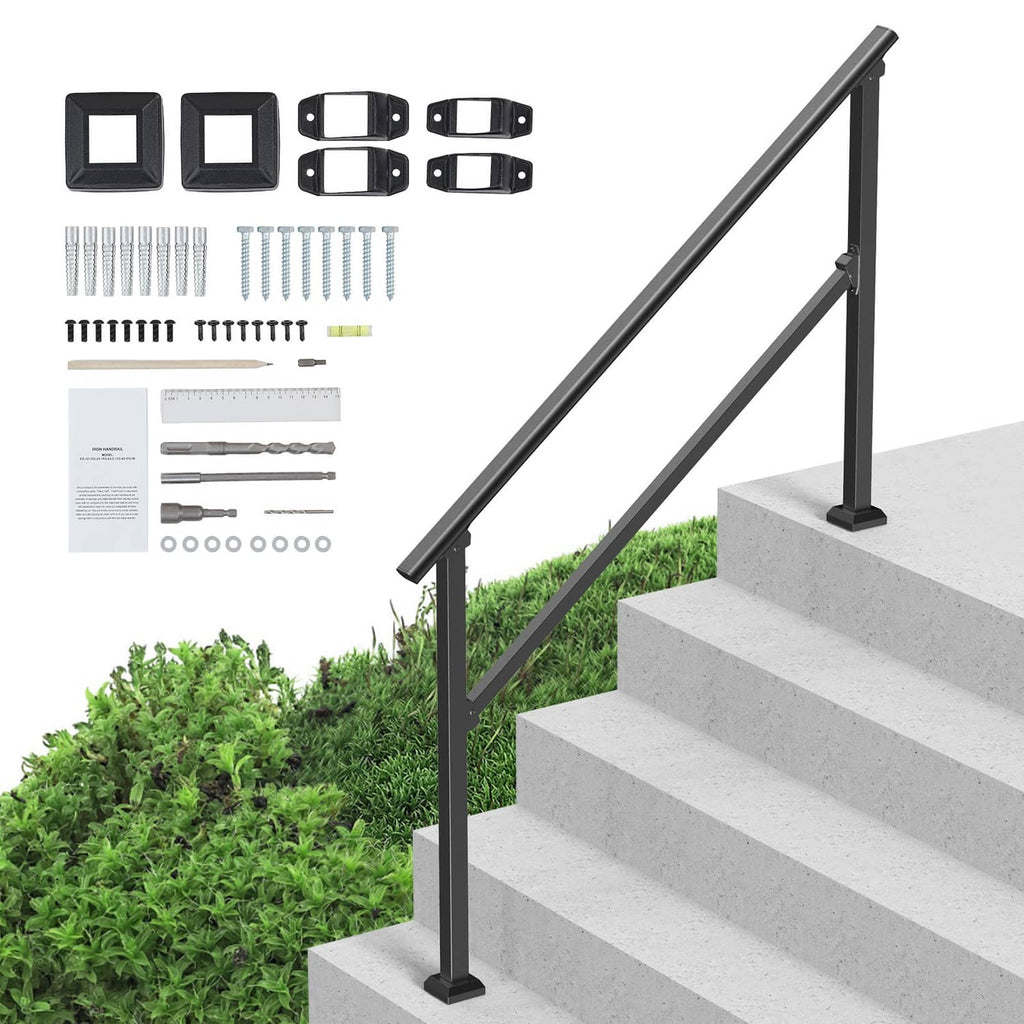 Black carbon steel outdoor porch handrail system with two posts and top rails