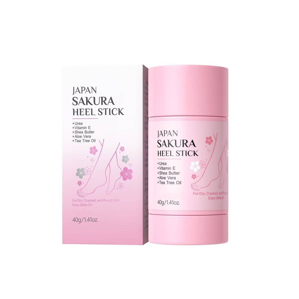 Pink heel repair stick container with matching box packaging, for cracked heels