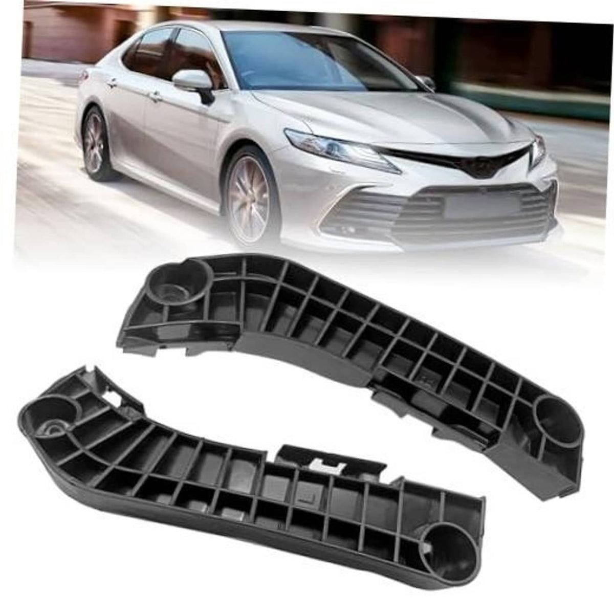 Front bumper bracket left and right side, black plastic grille-style mounts
