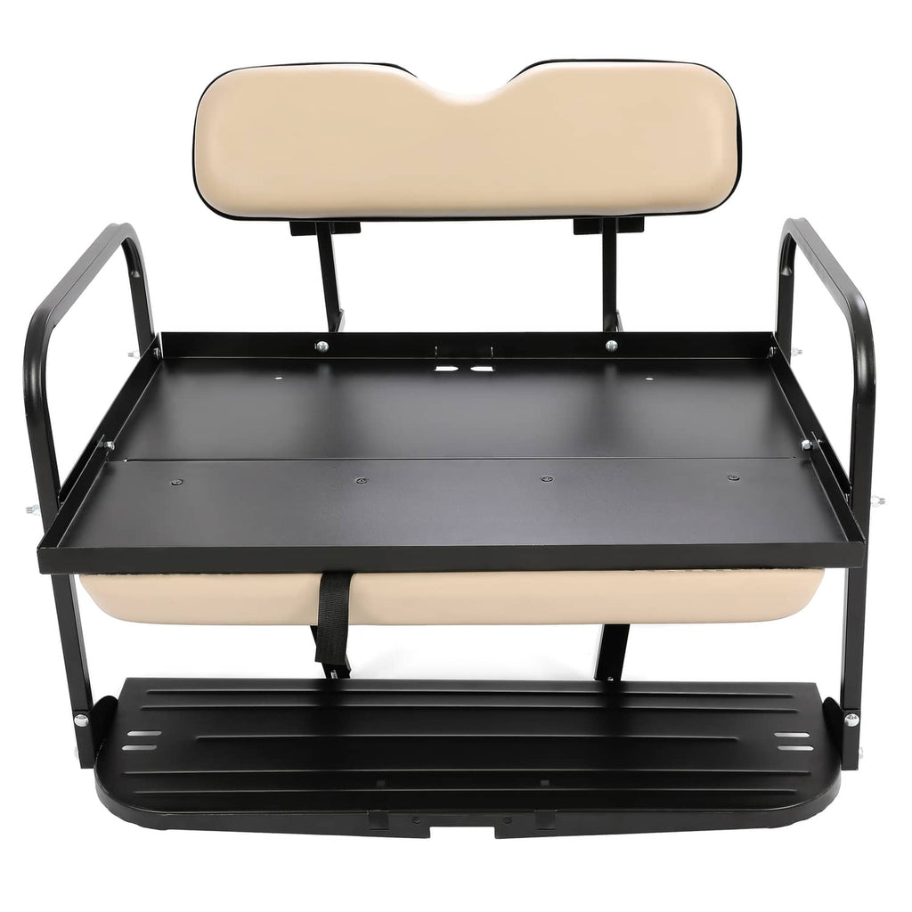Rear view of tan folding seat cushion with black frame and exposed base platform