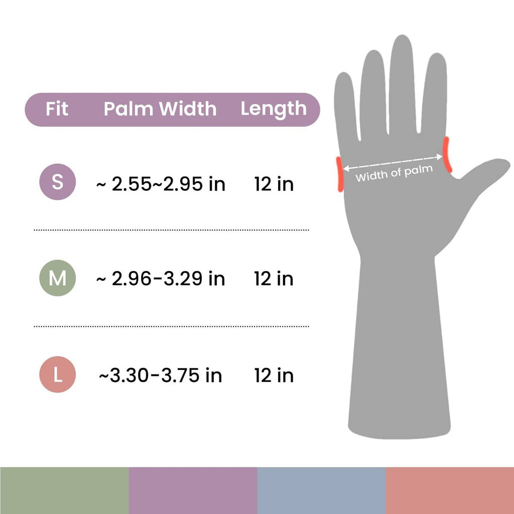 Glove size chart with hand silhouette showing palm width and length for S, M, L