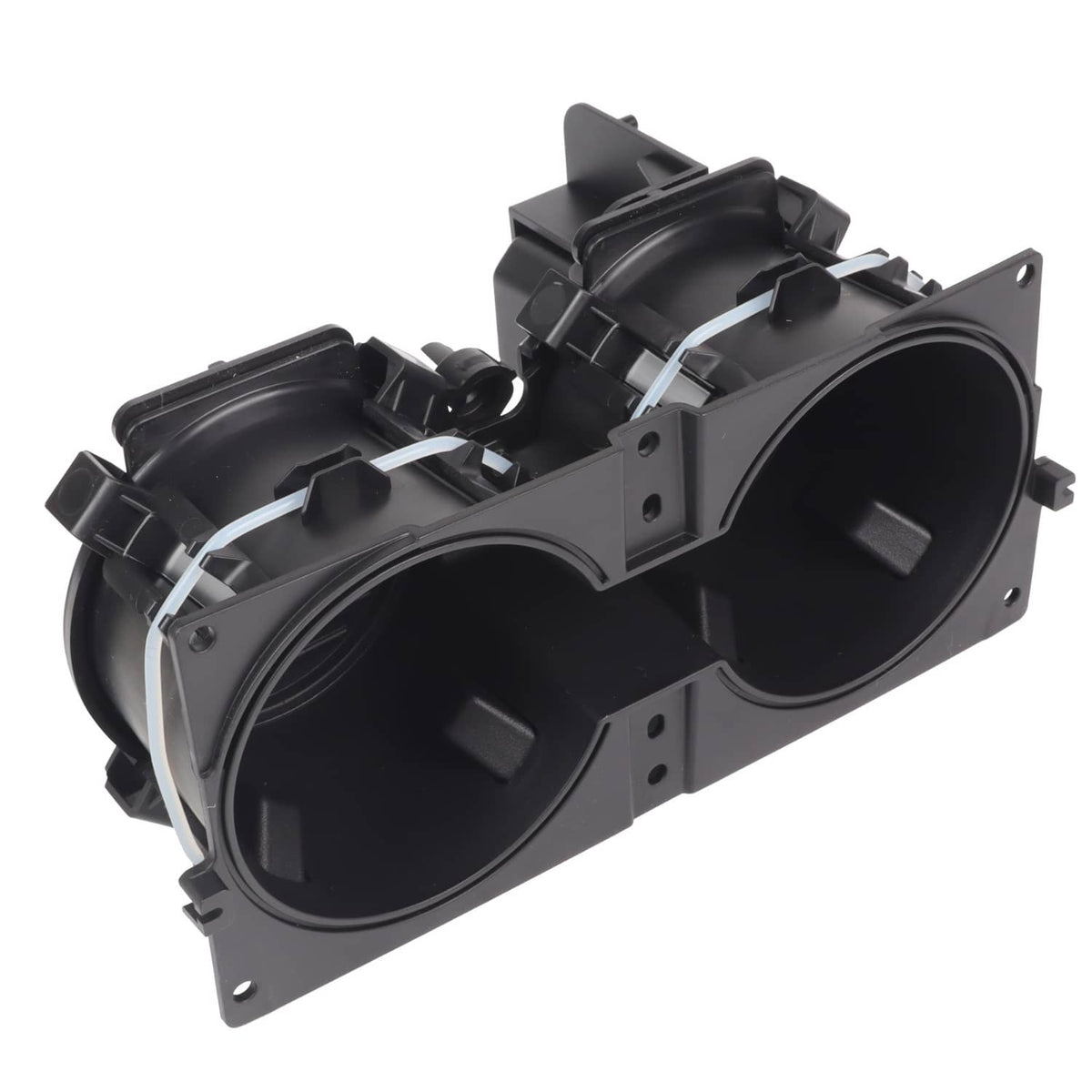 Black two-cup holder housing assembly with mounting tabs and internal frame