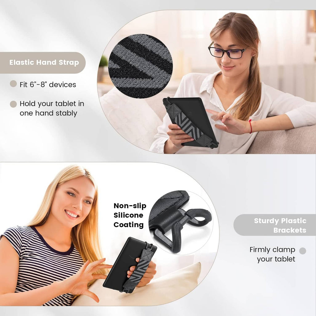 Black elastic hand strap gripping a tablet, with non-slip silicone clamp pads