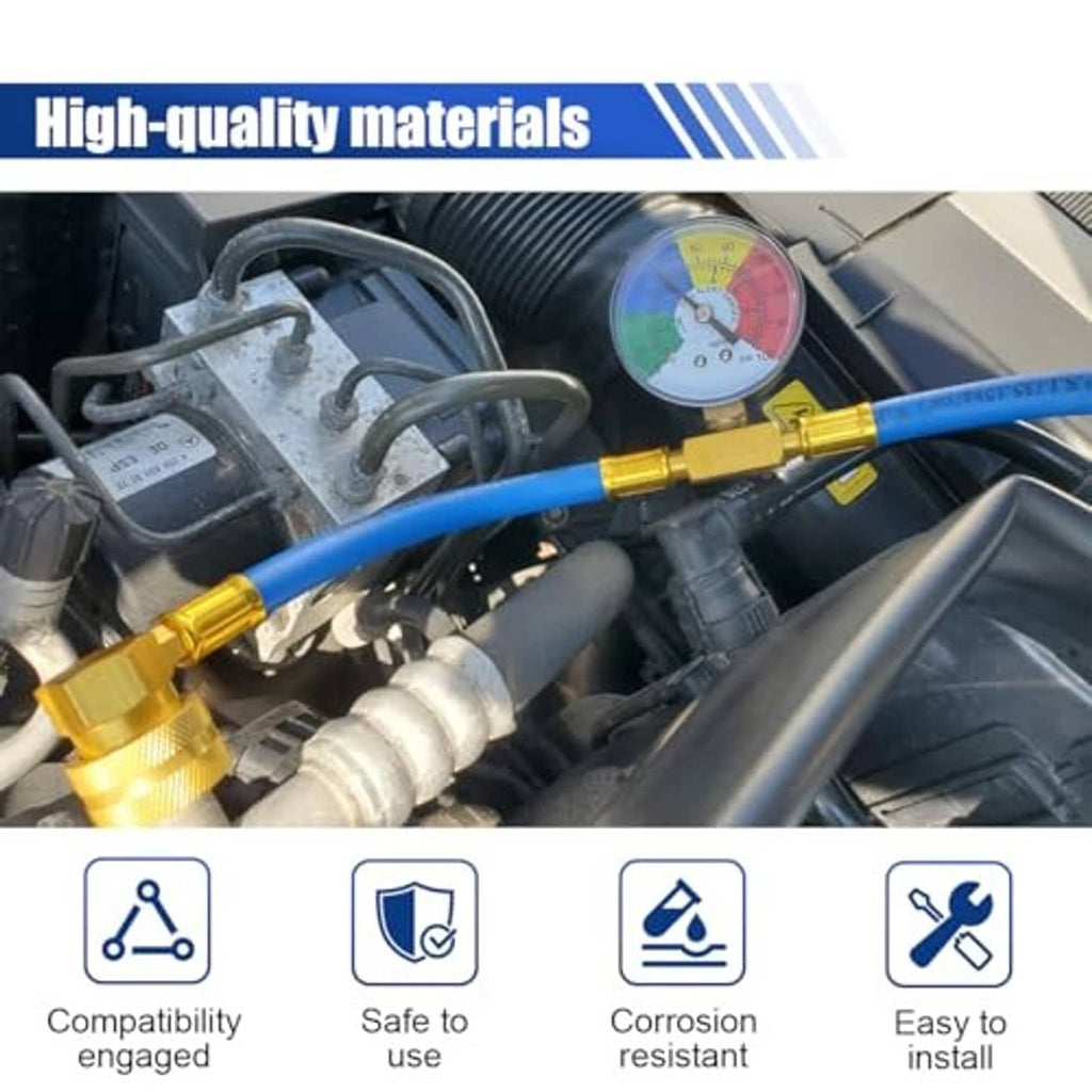Car AC charging hose with blue line and pressure gauge installed in engine bay