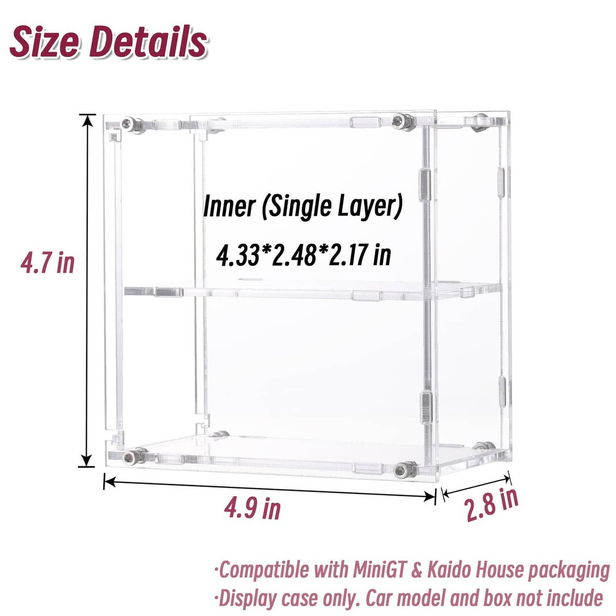 Clear acrylic display case with single-layer inner tray frame