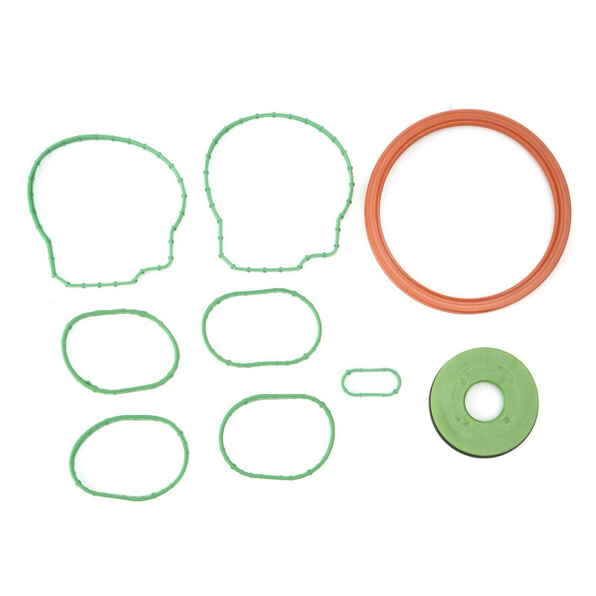 Green and orange O-rings and seals, including a round green sealing washer